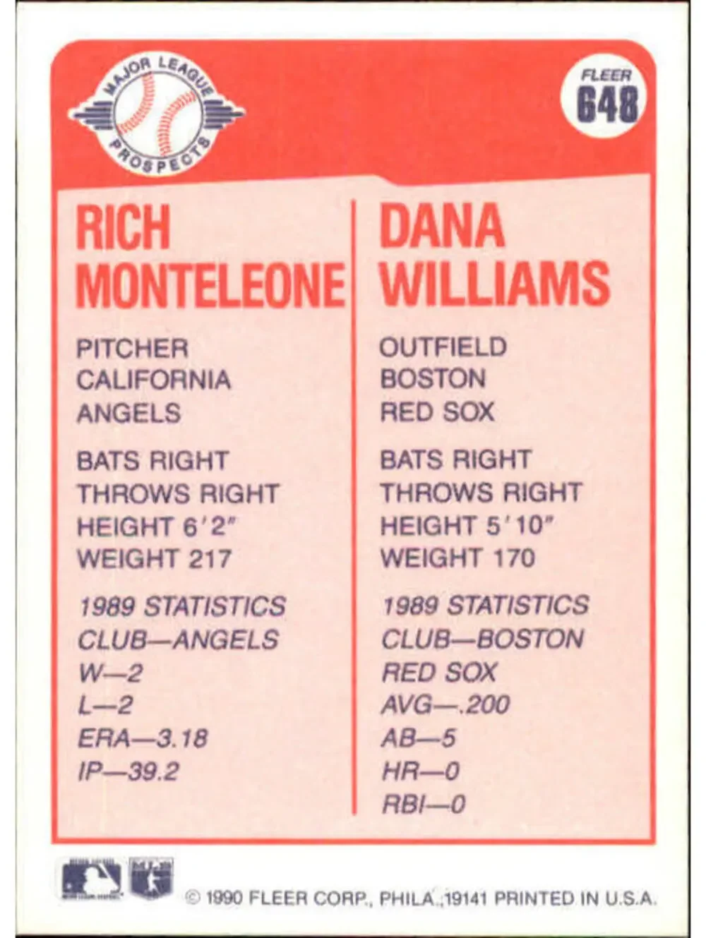 1990 Rich Monteleone / Dana Williams Fleer Baseball Card #648